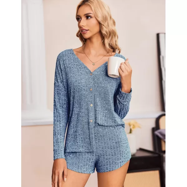 Ekouaer Ribbed Knit Pajamas Sets for Women ButtonDown Loungewear Casual Shirt and Shorts 2 Piece Long Sleeve Soft Lounge SetBlue