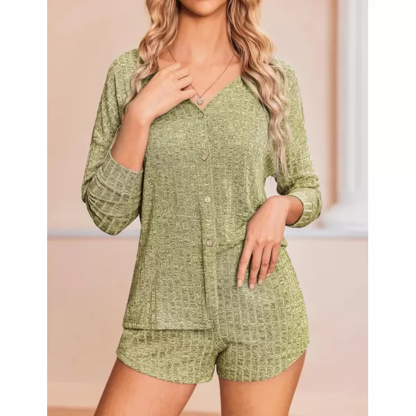 Ekouaer Ribbed Knit Pajamas Sets for Women ButtonDown Loungewear Casual Shirt and Shorts 2 Piece Long Sleeve Soft Lounge SetGray Green