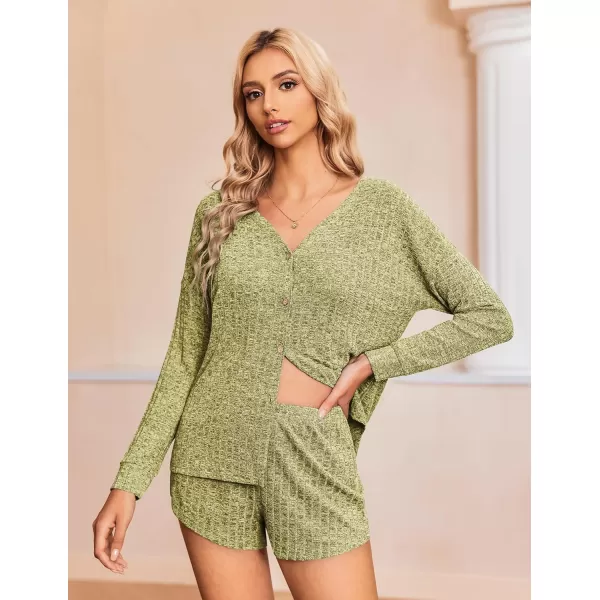 Ekouaer Ribbed Knit Pajamas Sets for Women ButtonDown Loungewear Casual Shirt and Shorts 2 Piece Long Sleeve Soft Lounge SetGray Green