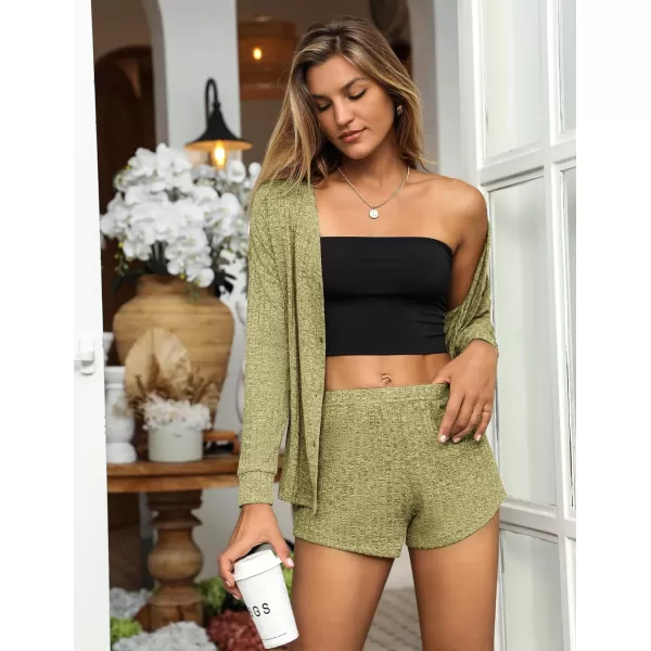 Ekouaer Ribbed Knit Pajamas Sets for Women ButtonDown Loungewear Casual Shirt and Shorts 2 Piece Long Sleeve Soft Lounge SetGray Green