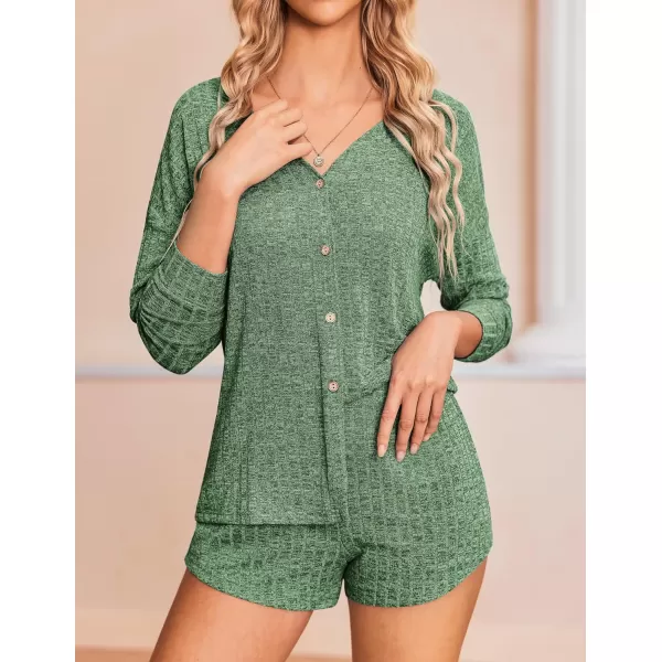 Ekouaer Ribbed Knit Pajamas Sets for Women ButtonDown Loungewear Casual Shirt and Shorts 2 Piece Long Sleeve Soft Lounge SetGreen