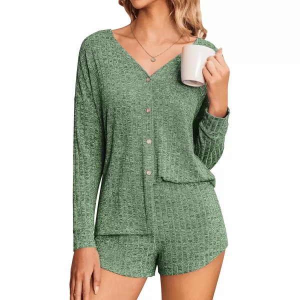 Ekouaer Ribbed Knit Pajamas Sets for Women ButtonDown Loungewear Casual Shirt and Shorts 2 Piece Long Sleeve Soft Lounge SetGreen