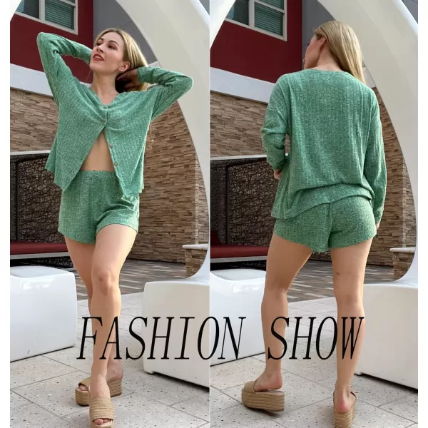 Ekouaer Ribbed Knit Pajamas Sets for Women ButtonDown Loungewear Casual Shirt and Shorts 2 Piece Long Sleeve Soft Lounge SetGreen