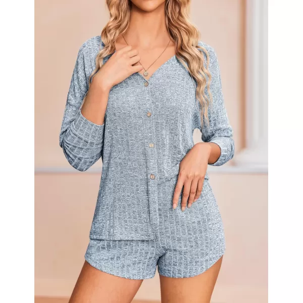 Ekouaer Ribbed Knit Pajamas Sets for Women ButtonDown Loungewear Casual Shirt and Shorts 2 Piece Long Sleeve Soft Lounge SetLight Blue