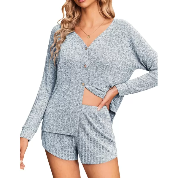 Ekouaer Ribbed Knit Pajamas Sets for Women ButtonDown Loungewear Casual Shirt and Shorts 2 Piece Long Sleeve Soft Lounge SetLight Blue