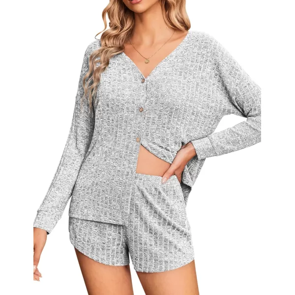 Ekouaer Ribbed Knit Pajamas Sets for Women ButtonDown Loungewear Casual Shirt and Shorts 2 Piece Long Sleeve Soft Lounge SetLight Grey