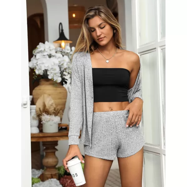 Ekouaer Ribbed Knit Pajamas Sets for Women ButtonDown Loungewear Casual Shirt and Shorts 2 Piece Long Sleeve Soft Lounge SetLight Grey
