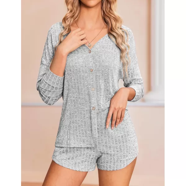 Ekouaer Ribbed Knit Pajamas Sets for Women ButtonDown Loungewear Casual Shirt and Shorts 2 Piece Long Sleeve Soft Lounge SetLight Grey