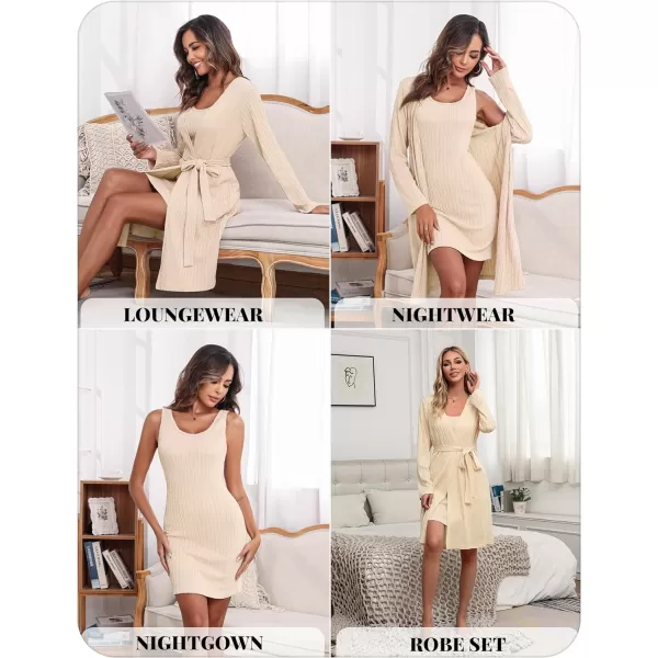 Ekouaer Robe Sets for Women Sleepwear Rib Knit Bodycon Nightgown with Robes Set 2 Piece Soft Lightweight Loungewear SXXLBeige