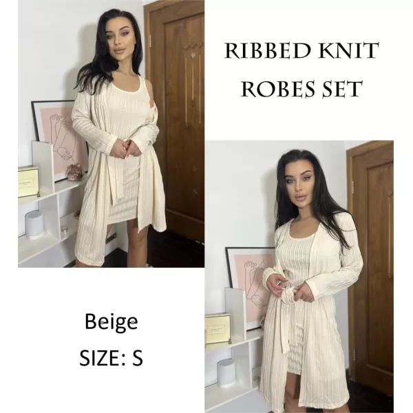 Ekouaer Robe Sets for Women Sleepwear Rib Knit Bodycon Nightgown with Robes Set 2 Piece Soft Lightweight Loungewear SXXLBeige