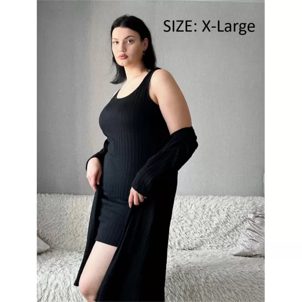 Ekouaer Robe Sets for Women Sleepwear Rib Knit Bodycon Nightgown with Robes Set 2 Piece Soft Lightweight Loungewear SXXLBlack