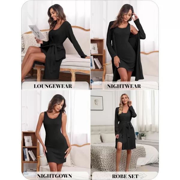 Ekouaer Robe Sets for Women Sleepwear Rib Knit Bodycon Nightgown with Robes Set 2 Piece Soft Lightweight Loungewear SXXLBlack