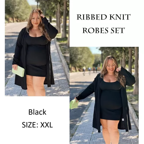 Ekouaer Robe Sets for Women Sleepwear Rib Knit Bodycon Nightgown with Robes Set 2 Piece Soft Lightweight Loungewear SXXLBlack