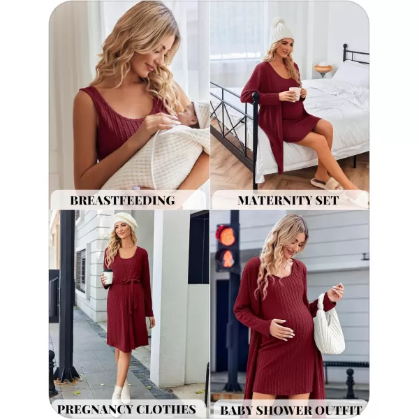 Ekouaer Robe Sets for Women Sleepwear Rib Knit Bodycon Nightgown with Robes Set 2 Piece Soft Lightweight Loungewear SXXLBurgundy