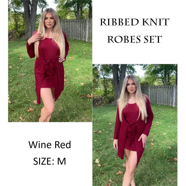 Ekouaer Robe Sets for Women Sleepwear Rib Knit Bodycon Nightgown with Robes Set 2 Piece Soft Lightweight Loungewear SXXLBurgundy