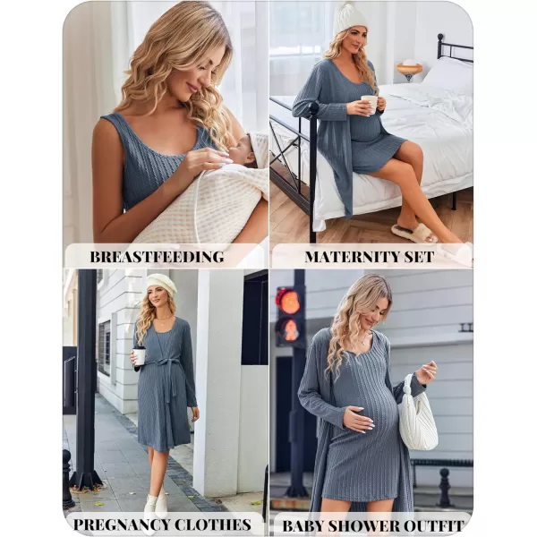 Ekouaer Robe Sets for Women Sleepwear Rib Knit Bodycon Nightgown with Robes Set 2 Piece Soft Lightweight Loungewear SXXLDark Blue