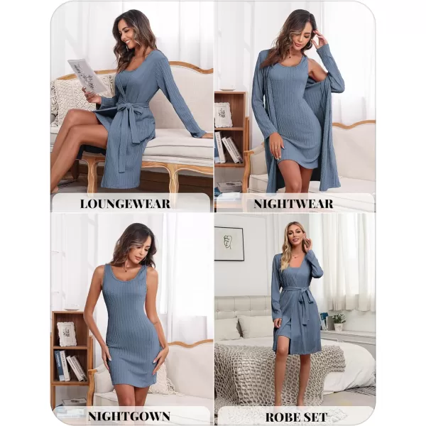 Ekouaer Robe Sets for Women Sleepwear Rib Knit Bodycon Nightgown with Robes Set 2 Piece Soft Lightweight Loungewear SXXLDark Blue