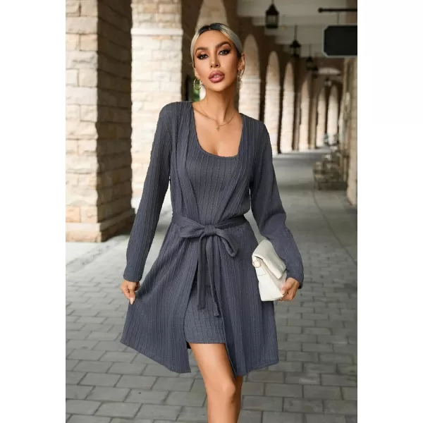 Ekouaer Robe Sets for Women Sleepwear Rib Knit Bodycon Nightgown with Robes Set 2 Piece Soft Lightweight Loungewear SXXLDark Gray
