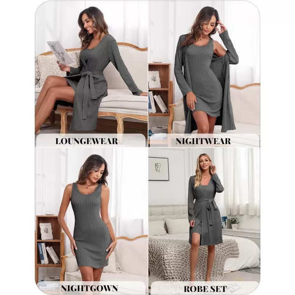 Ekouaer Robe Sets for Women Sleepwear Rib Knit Bodycon Nightgown with Robes Set 2 Piece Soft Lightweight Loungewear SXXLDark Gray