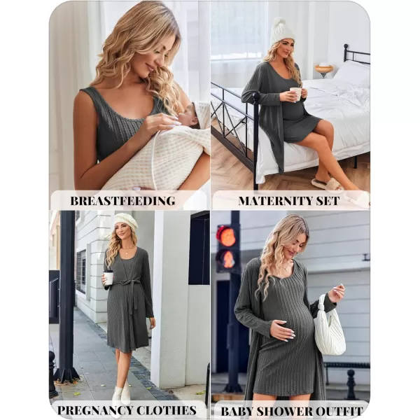 Ekouaer Robe Sets for Women Sleepwear Rib Knit Bodycon Nightgown with Robes Set 2 Piece Soft Lightweight Loungewear SXXLDark Gray