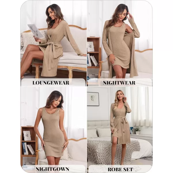 Ekouaer Robe Sets for Women Sleepwear Rib Knit Bodycon Nightgown with Robes Set 2 Piece Soft Lightweight Loungewear SXXLKhaki