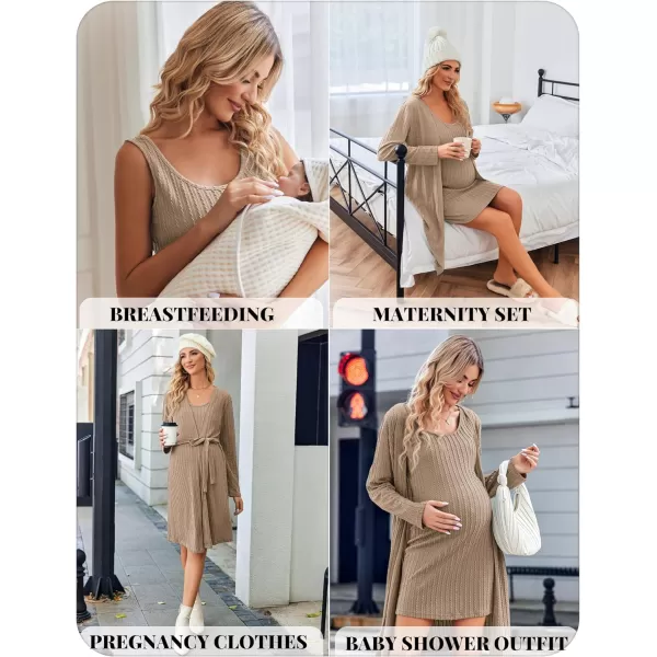 Ekouaer Robe Sets for Women Sleepwear Rib Knit Bodycon Nightgown with Robes Set 2 Piece Soft Lightweight Loungewear SXXLKhaki
