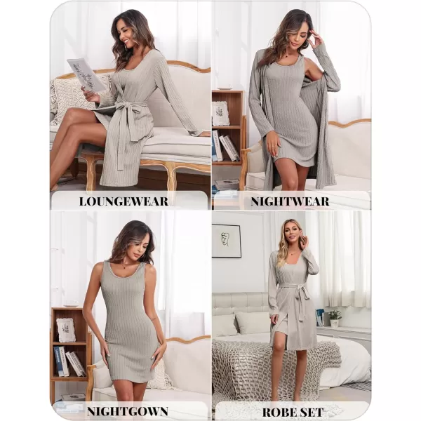 Ekouaer Robe Sets for Women Sleepwear Rib Knit Bodycon Nightgown with Robes Set 2 Piece Soft Lightweight Loungewear SXXLLight Gray