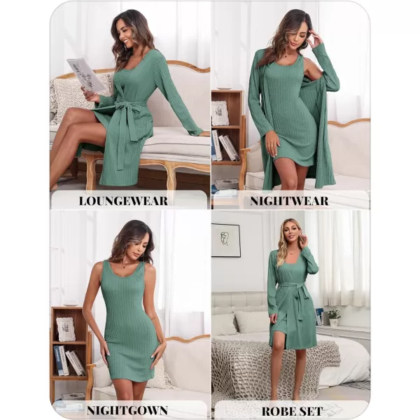 Ekouaer Robe Sets for Women Sleepwear Rib Knit Bodycon Nightgown with Robes Set 2 Piece Soft Lightweight Loungewear SXXLMint Green
