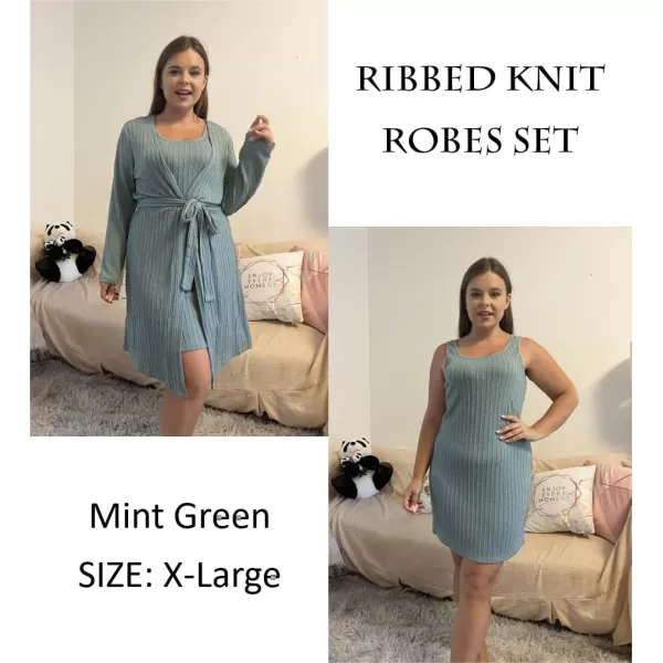 Ekouaer Robe Sets for Women Sleepwear Rib Knit Bodycon Nightgown with Robes Set 2 Piece Soft Lightweight Loungewear SXXLMint Green