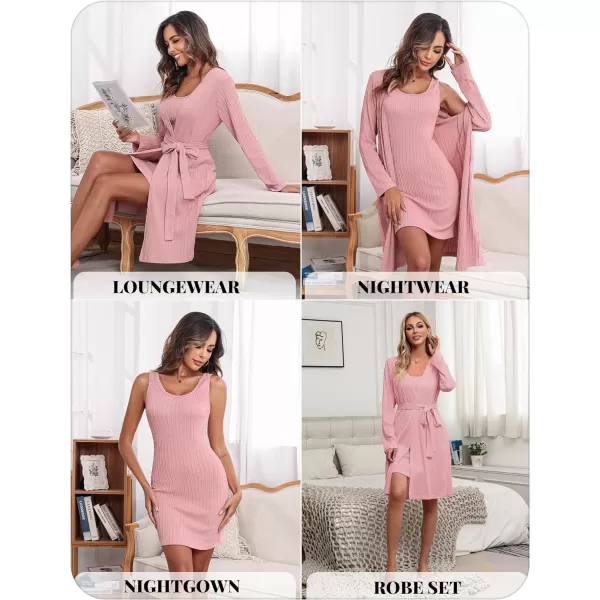 Ekouaer Robe Sets for Women Sleepwear Rib Knit Bodycon Nightgown with Robes Set 2 Piece Soft Lightweight Loungewear SXXLMisty Rose