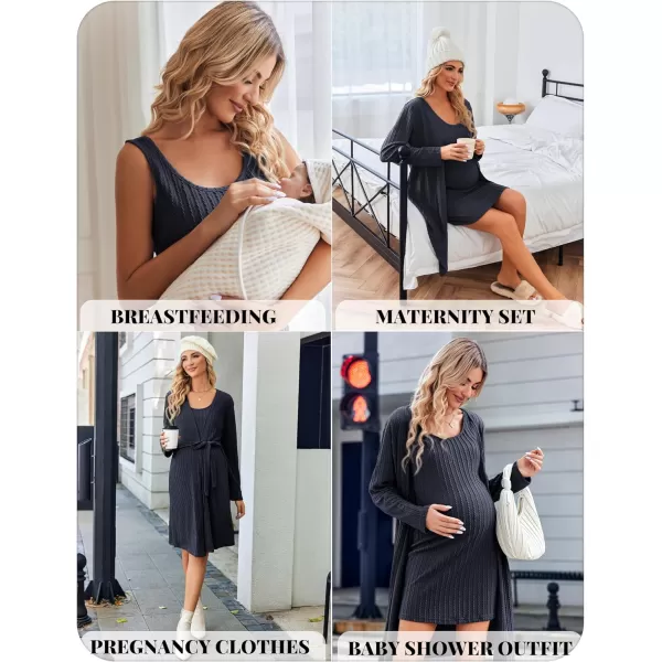 Ekouaer Robe Sets for Women Sleepwear Rib Knit Bodycon Nightgown with Robes Set 2 Piece Soft Lightweight Loungewear SXXLNavy Blue