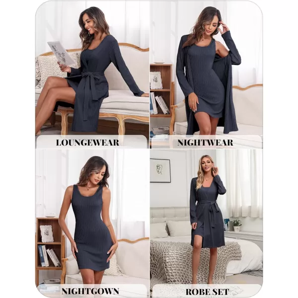 Ekouaer Robe Sets for Women Sleepwear Rib Knit Bodycon Nightgown with Robes Set 2 Piece Soft Lightweight Loungewear SXXLNavy Blue