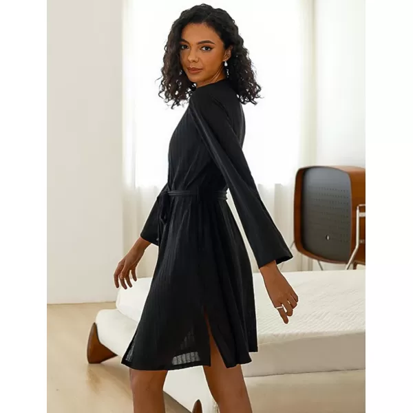 Ekouaer Robe for Women Ribbed Knit Kimono Robes Soft Side Slit Bathrobe Ladies Sleepwear with PocketsBlack