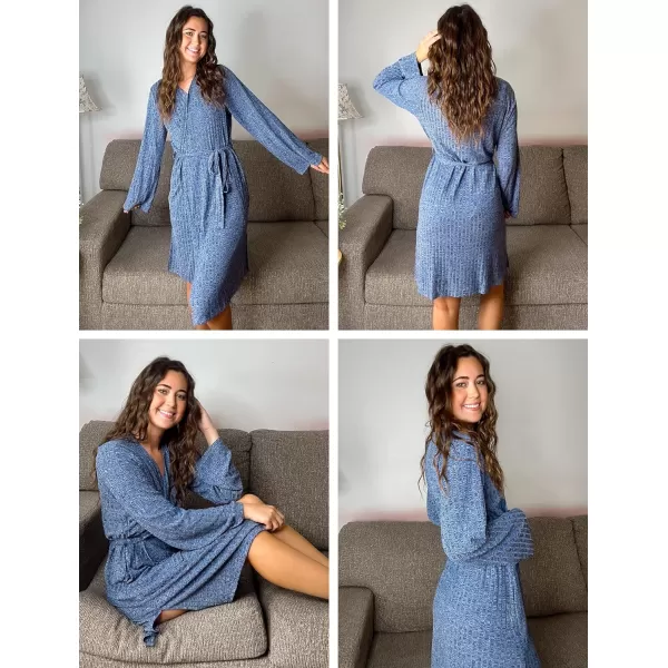Ekouaer Robe for Women Ribbed Knit Kimono Robes Soft Side Slit Bathrobe Ladies Sleepwear with PocketsBlue