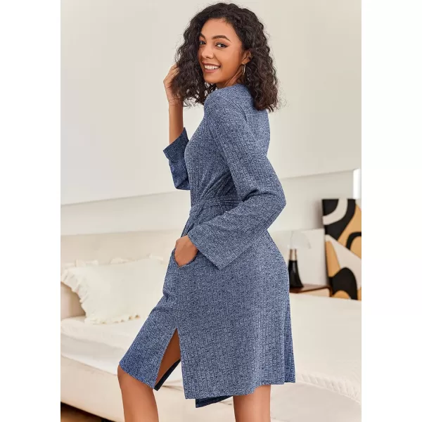 Ekouaer Robe for Women Ribbed Knit Kimono Robes Soft Side Slit Bathrobe Ladies Sleepwear with PocketsBlue