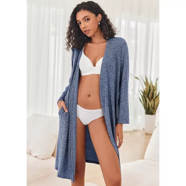 Ekouaer Robe for Women Ribbed Knit Kimono Robes Soft Side Slit Bathrobe Ladies Sleepwear with PocketsBlue