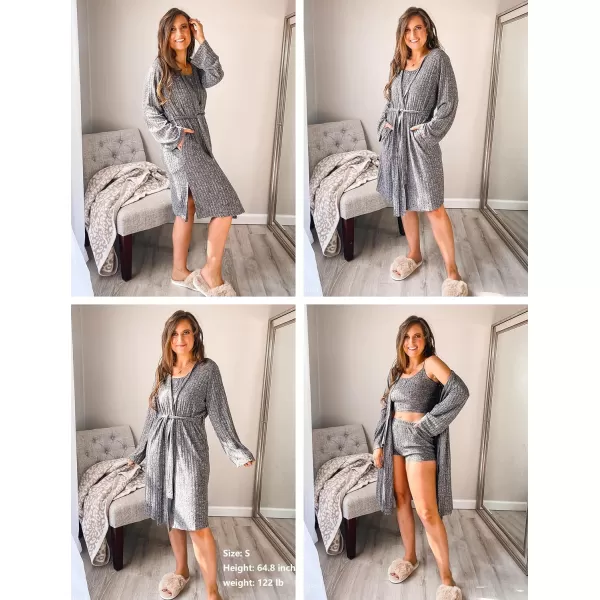 Ekouaer Robe for Women Ribbed Knit Kimono Robes Soft Side Slit Bathrobe Ladies Sleepwear with PocketsDark Gray