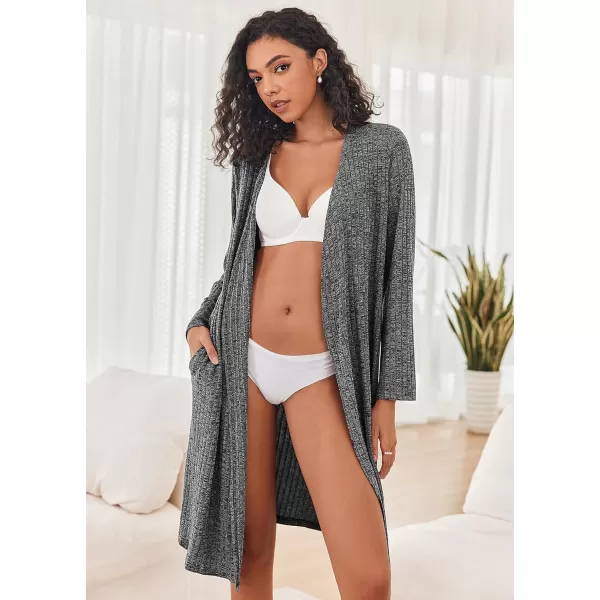 Ekouaer Robe for Women Ribbed Knit Kimono Robes Soft Side Slit Bathrobe Ladies Sleepwear with PocketsDark Gray