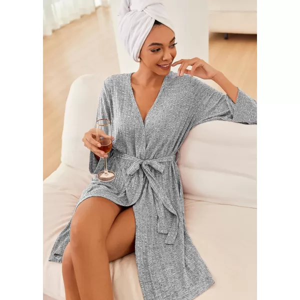 Ekouaer Robe for Women Ribbed Knit Kimono Robes Soft Side Slit Bathrobe Ladies Sleepwear with PocketsLight Grey