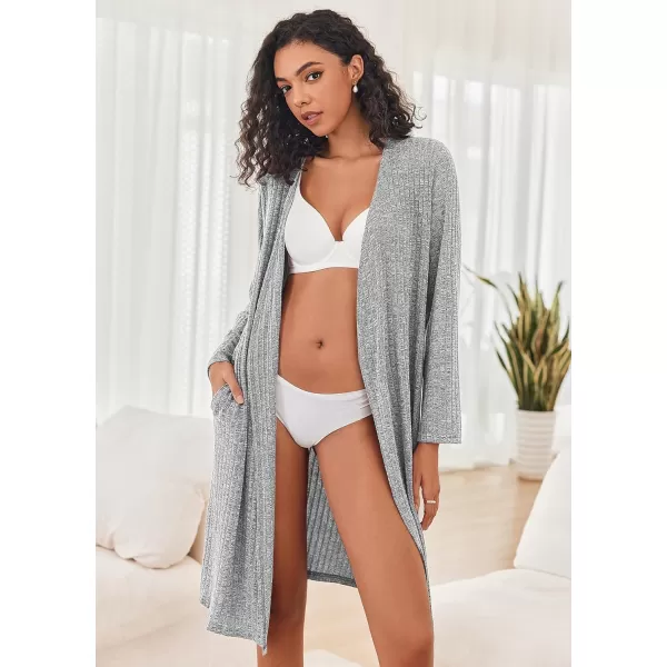 Ekouaer Robe for Women Ribbed Knit Kimono Robes Soft Side Slit Bathrobe Ladies Sleepwear with PocketsLight Grey