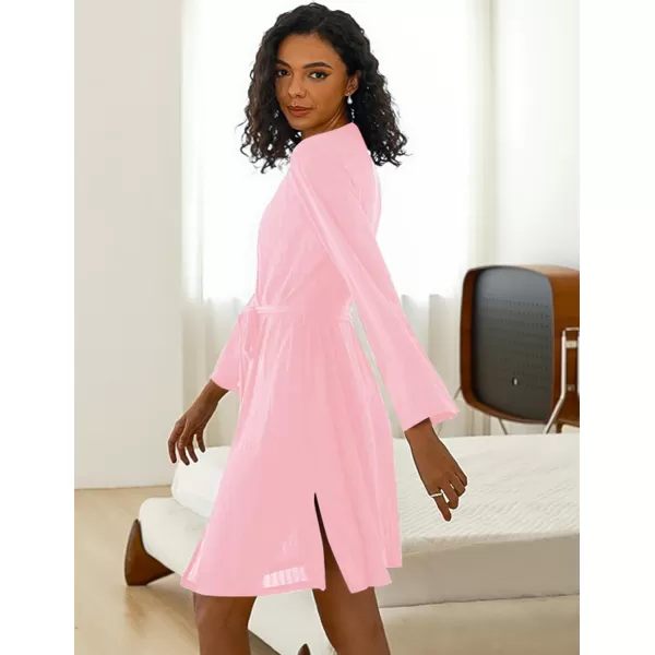 Ekouaer Robe for Women Ribbed Knit Kimono Robes Soft Side Slit Bathrobe Ladies Sleepwear with PocketsPink