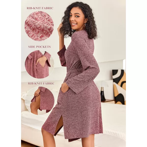 Ekouaer Robe for Women Ribbed Knit Kimono Robes Soft Side Slit Bathrobe Ladies Sleepwear with PocketsWine Red