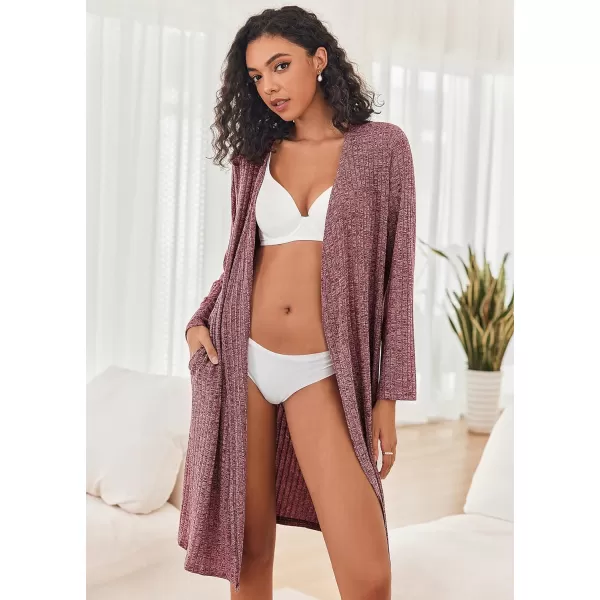 Ekouaer Robe for Women Ribbed Knit Kimono Robes Soft Side Slit Bathrobe Ladies Sleepwear with PocketsWine Red