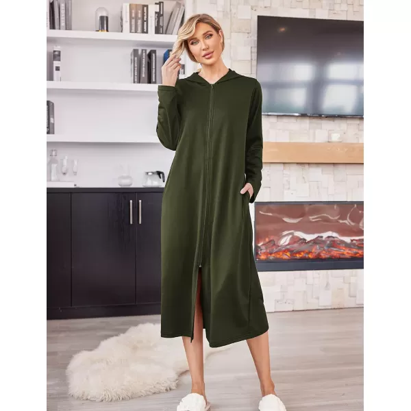 Ekouaer Robe for Women Zipper Robe Loungewear Full Length Sleepwear Pockets Housecoat Casual Straight RobeAarmy Green