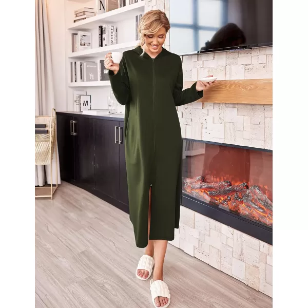 Ekouaer Robe for Women Zipper Robe Loungewear Full Length Sleepwear Pockets Housecoat Casual Straight RobeAarmy Green