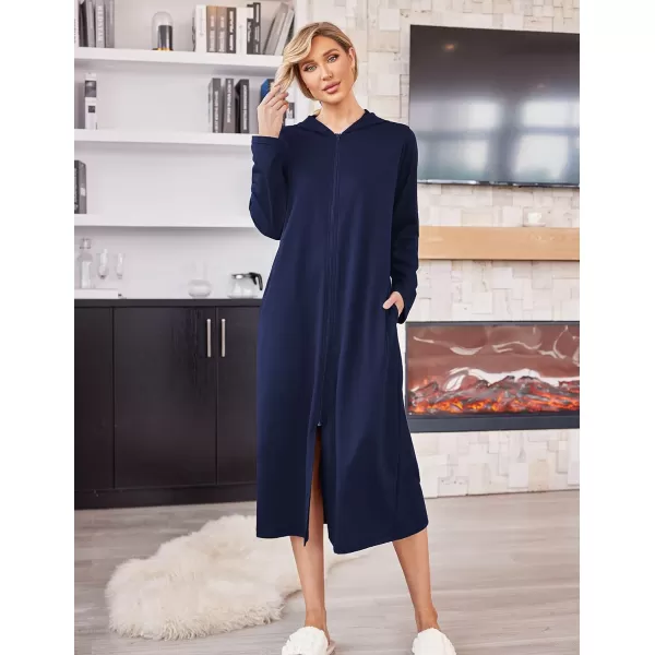 Ekouaer Robe for Women Zipper Robe Loungewear Full Length Sleepwear Pockets Housecoat Casual Straight RobeAdark Blue