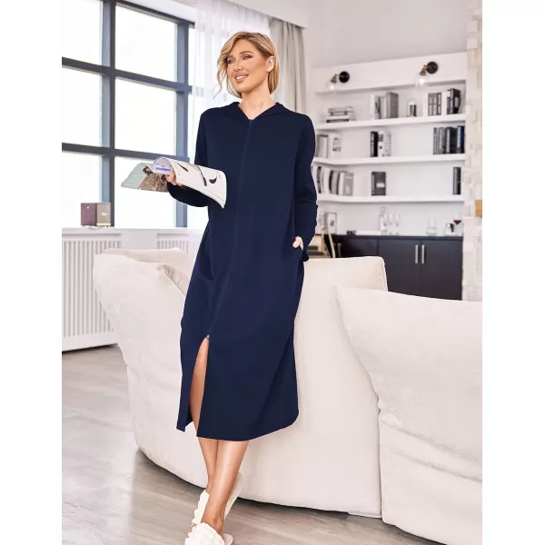 Ekouaer Robe for Women Zipper Robe Loungewear Full Length Sleepwear Pockets Housecoat Casual Straight RobeAdark Blue