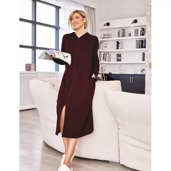 Ekouaer Robe for Women Zipper Robe Loungewear Full Length Sleepwear Pockets Housecoat Casual Straight RobeAdark Red