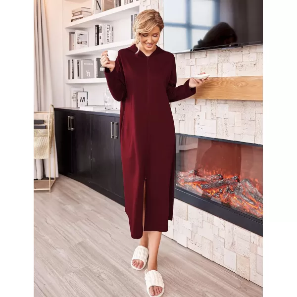 Ekouaer Robe for Women Zipper Robe Loungewear Full Length Sleepwear Pockets Housecoat Casual Straight RobeAwine Red