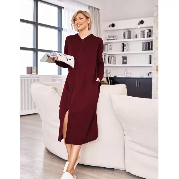 Ekouaer Robe for Women Zipper Robe Loungewear Full Length Sleepwear Pockets Housecoat Casual Straight RobeAwine Red